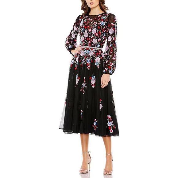 NWT, Mac Duggal Sequin Floral Print Jewel Neck Midi Dress SZ 6 #MD094 - Picture 1 of 8